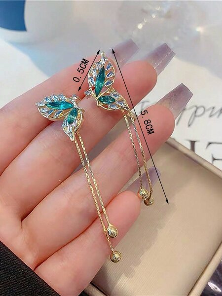 Shein - 1pair Fashionable Green Bowknot Long Tassel Earrings