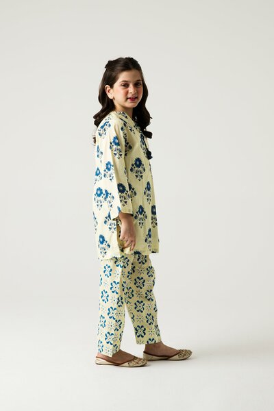 Off-White Blue Floral Kurta Shalwar - 2pc