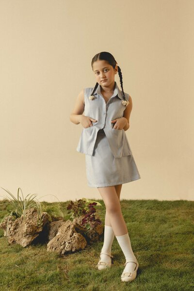Laurel | Baby denim co-ord set with tailored sleeveless top and skirt