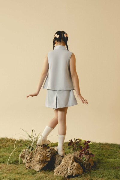 Laurel | Baby denim co-ord set with tailored sleeveless top and skirt