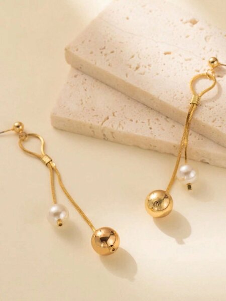 Shein - 1pair Simple & Versatile Pearl & Copper Chain Dangle Earrings Suitable For Women's Dates & Parties