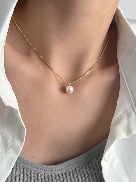 Shein - Stainless Steel Waterproof Gold Chic & Simple White Faux Pearl Necklace & Earrings Set, Perfect For Women Daily Wear