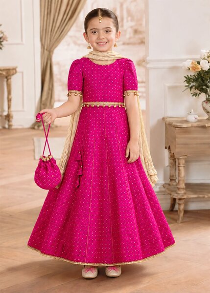 Jhilmil by Modest Girls RTW Printed Raw Silk 3 Piece Suit Pink Lehenga Festive Collection