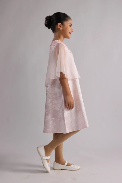 Fiore | Girls' pink occasion dress with scalloped organza cape and floral embellishment