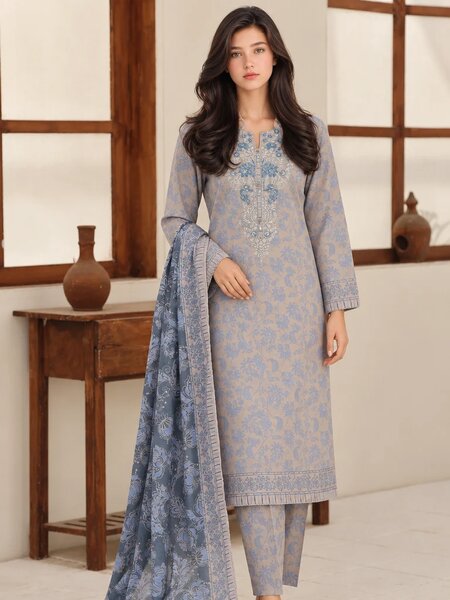 Identic by HZ Textiles Unstitched Embroidered Cotton 3 Piece Suit HZ26UCI PDW 3329-F - Casual Collection