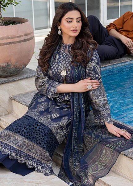 Zuri Pret Embroidered Lawn 3 Piece Suit Nureh JK-17 Navy Blue
