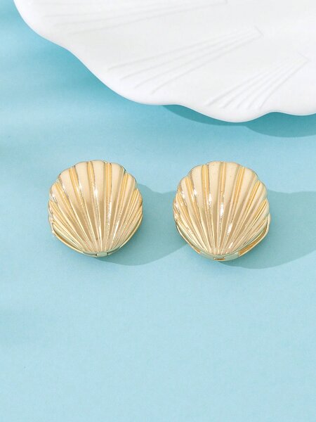Shein - 1pair Simple Ocean Beach Style Metallic Double Side Printed Shell Dangle Earrings For Women