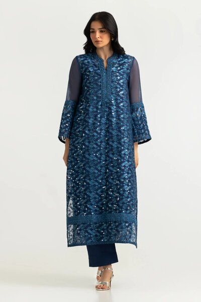 Cotton Net Embroidered Shirt And Dyed Trouser