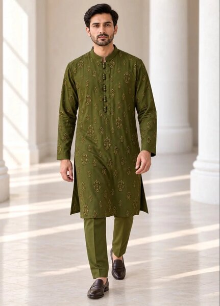 TGM Mens RTW Chikankari Chikankari Kurta Pajama Suit Titan Olive Festive Collection