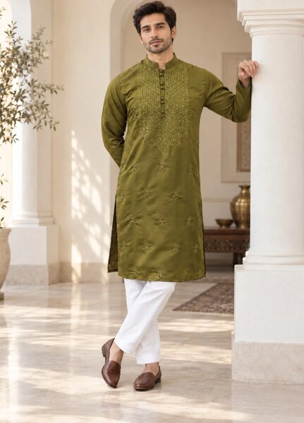 TGM Mens RTW Chikankari Chikankari Kurta Pajama Suit Olive Luxe Festive Collection