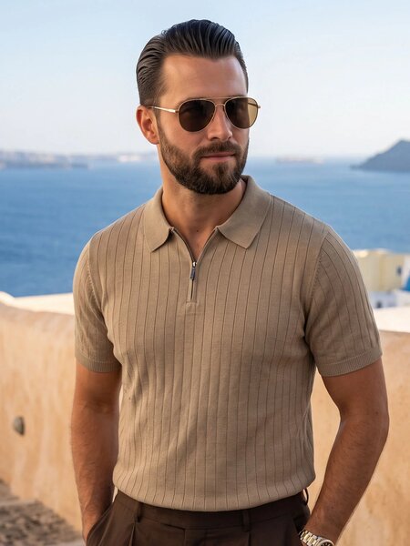 Light Brown Knitted Zipper Polo (SKZP-067)