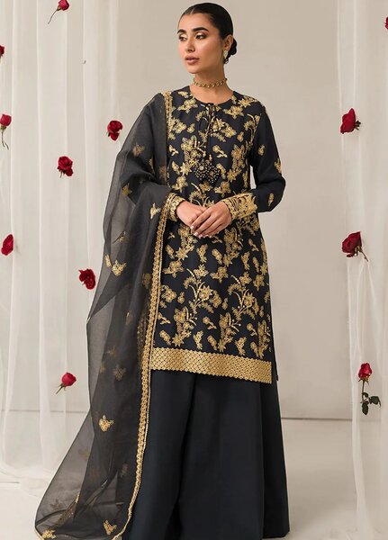 Cross Stitch Embroidered Silk Suits Unstitched 3 Piece CS24LA Charcoal Tint - Luxury Collection