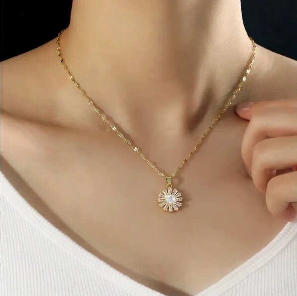 Shein -  1-3pcs 316L Stainless Steel Daisy Flower Zirconia Necklace And Earring Jewelry Set