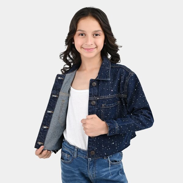 Girls Denim Rigid Woven Jacket Studs - Dark BLUE