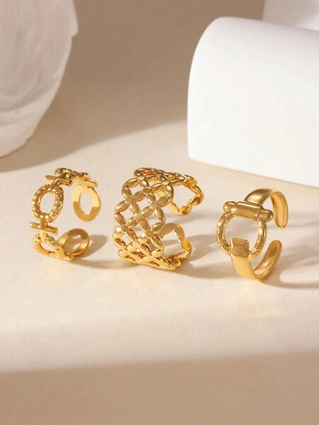 Shein - GEREIT 3pcs 18K Stainless Steel Asymmetrical Gold Ring Set,