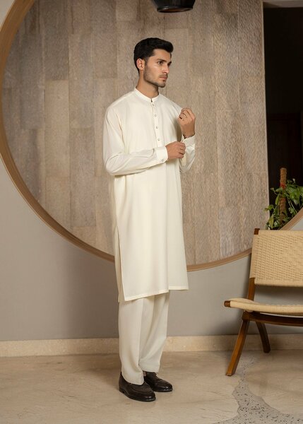 Buraq Men RTW Solids Wash N Wear Kurta Shalwar Suit Off White Ban Casual Collection