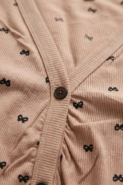 BLS - Bow Print Ribbed Pajama Set - Coffee