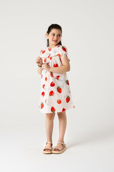 Strawberry Sketch Printed Cotton Dress