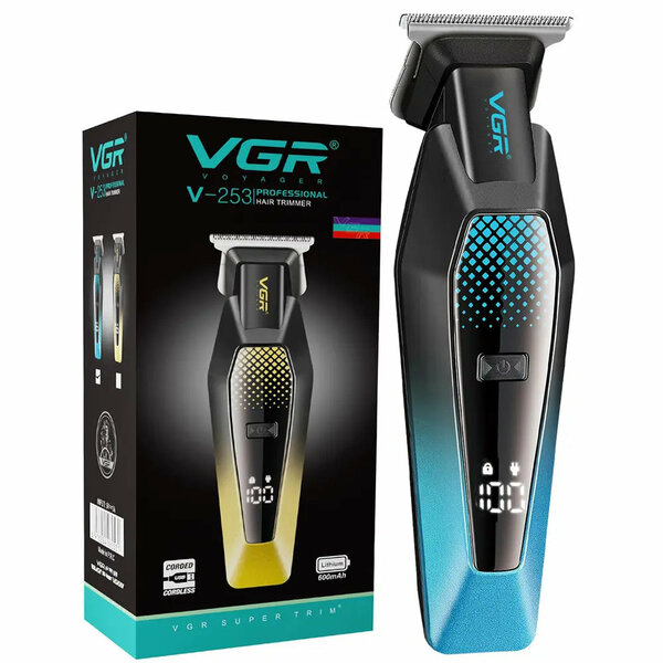 VGR -  V-253 Professional Hair Trimmer  Precision T-Blade, 90 Min Runtime, LED Display, USB Charging, 5 Guide Combs (Blue)