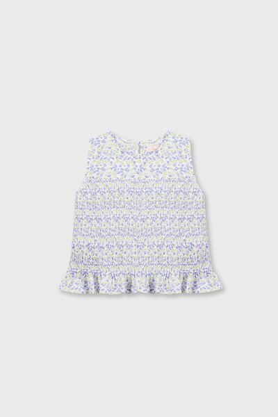 White Printed Smocked Cotton Top