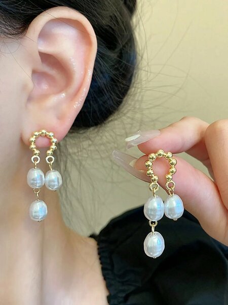 Shein - 5pcs/Set Vintage Hollow Bow Faux Pearl Earrings For Women, Asymmetrical Minimalist Earring Set
