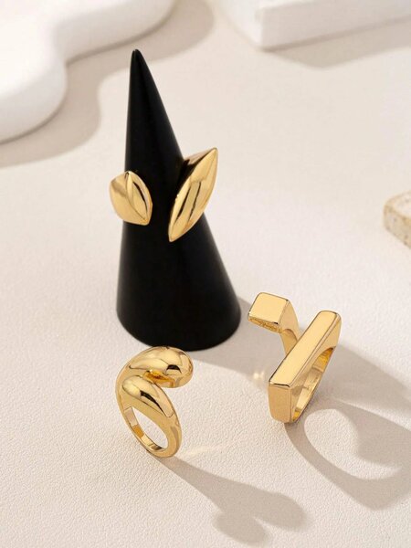 Shein - 3pcs Geometric Hollow-Out Gold Color Rings Set