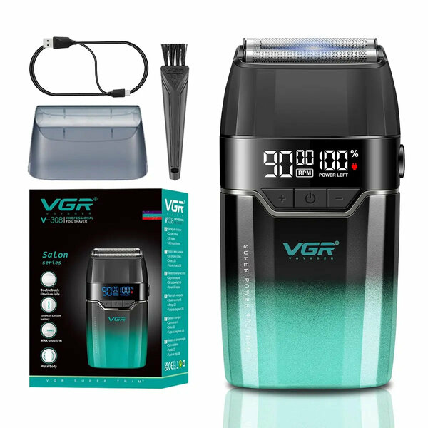 VGR - V-308 Professional Double Foil Shaver 9000RPM Cordless Head Shaver with Titanium Foils, LED Display