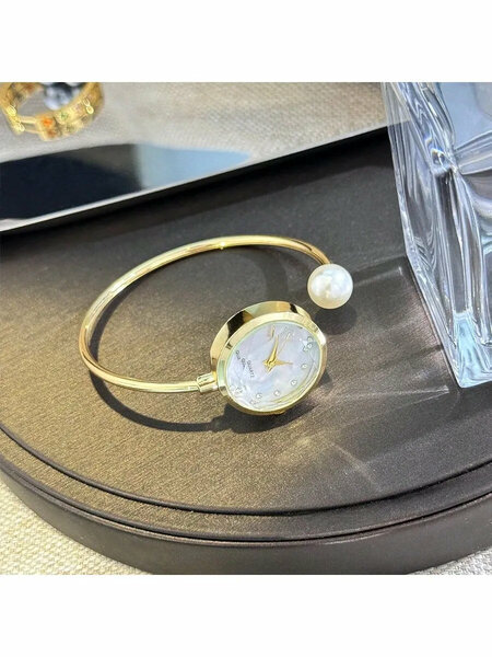 Shein - 1pc Women's Delicate Bracelet Watch With 1 Large Pearl, Diamond-Cut Glass Crystal Dial, Minimalist Quartz Watch Bracelet - Gold