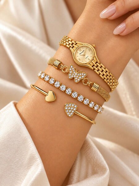 Shein - 4Pcs Fashionable Elegant Gold Women'S Watch & Jewelry Set