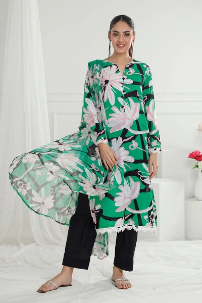3 Piece Unstitched Printed Lawn Suit with Printed Pure Silk Chiffon Dupatta