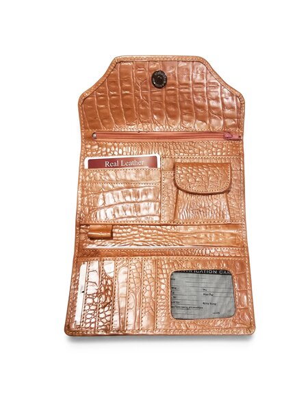 Leather Long Crocodile Wallet 3 Folds Peach