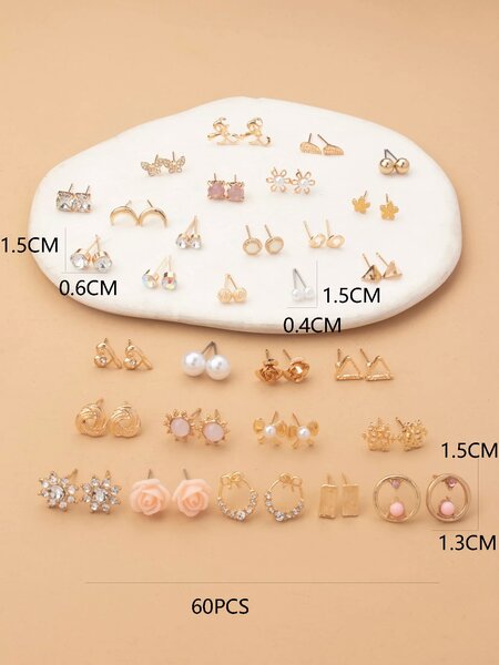 Shein - 1card/60pcs Stylish Floral, Moon & Butterfly Shaped Everyday Simple Earrings