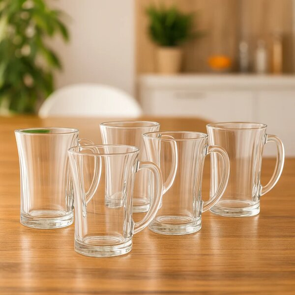 Clear Flared Glass Juice Mug 320 ml with Handle – Set of 6 | Elegant Everyday Drinkware for Home & Café