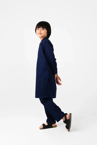 Boys Navy Blue Cotton Jacquard Kurta Set
