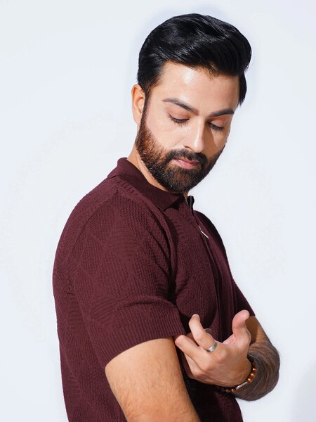 Burgundy Sweater Knitted Zipper Polo (SKZP-019)