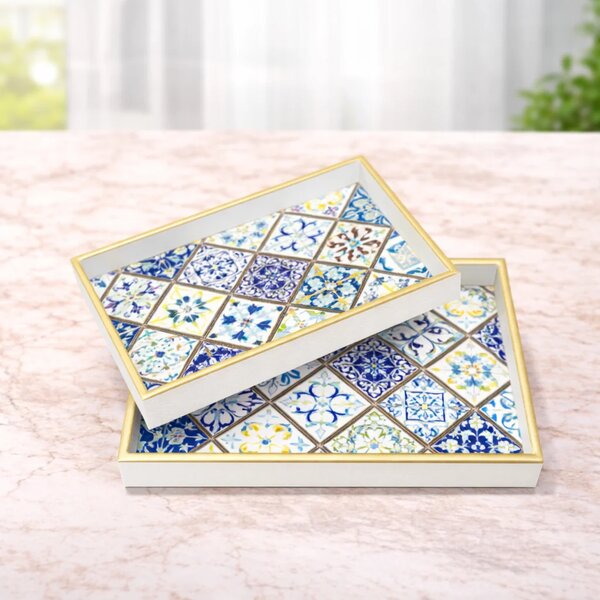 2Pcs Tray Set – Decorative Rectangular Serving Trays with Geometric Tile Design