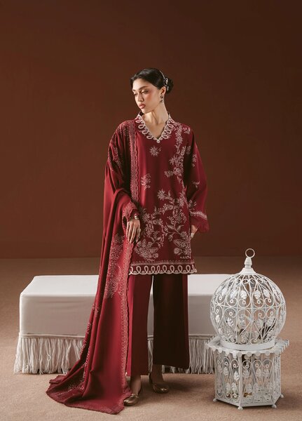 Cross Stitch Unstitched Embroidered Linen 3 Piece Suit CS26UW Scarlet Ink - Winter Collection