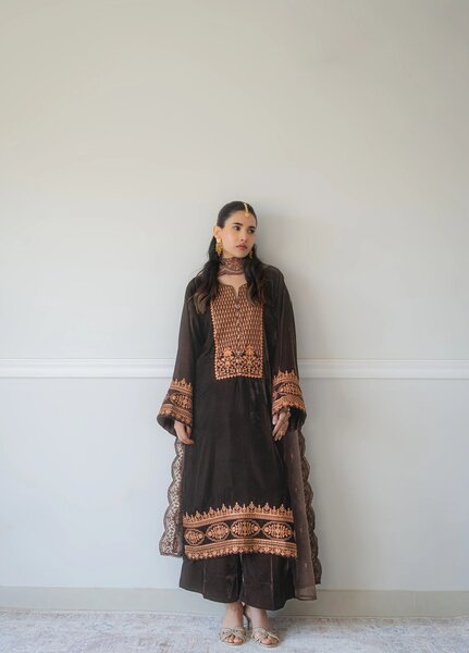 Atelier Velours by Rashid Textiles RTW Embroidered Velvet 3 Piece Suit RT26RAV Cocoa - Festive Collection