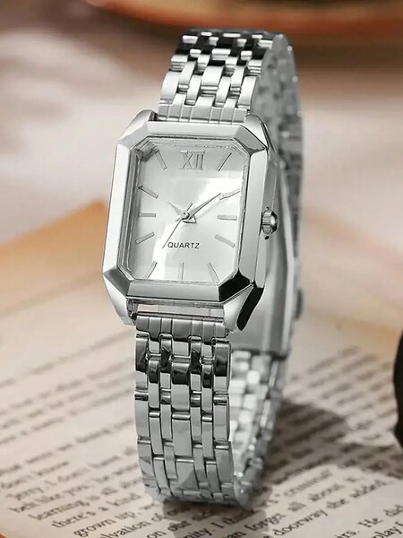 Shein - 6Pcs Stainless Steel Watch Band, Quartz Watch With Water Drop Necklace Bracelet Ring Earrings Set - Silver