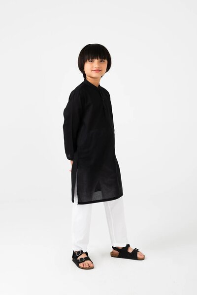 Boys Black Jacquard Cotton Kurta