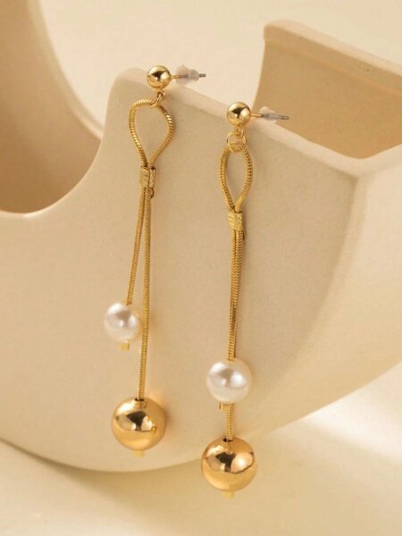 Shein - 1pair Simple & Versatile Pearl & Copper Chain Dangle Earrings Suitable For Women's Dates & Parties