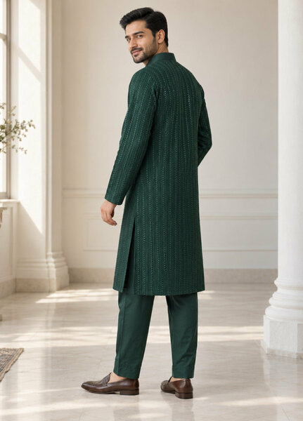 TGM Mens RTW Chikankari Chikankari Kurta Pajama Suit Eminence Green Festive Collection