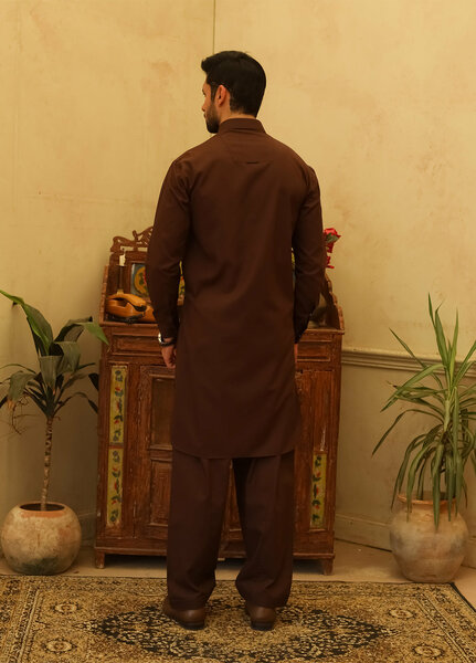 Mazham Mens Kameez Shalwar RTW Solids Blended 2 Piece Suit Dark Brown Casual Collection