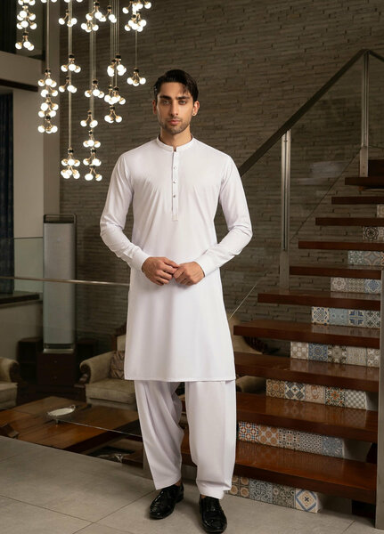 Stylish Garments Mens RTW Embroidered Wash N Wear Kurta Shalwar Suit White Casual Collection
