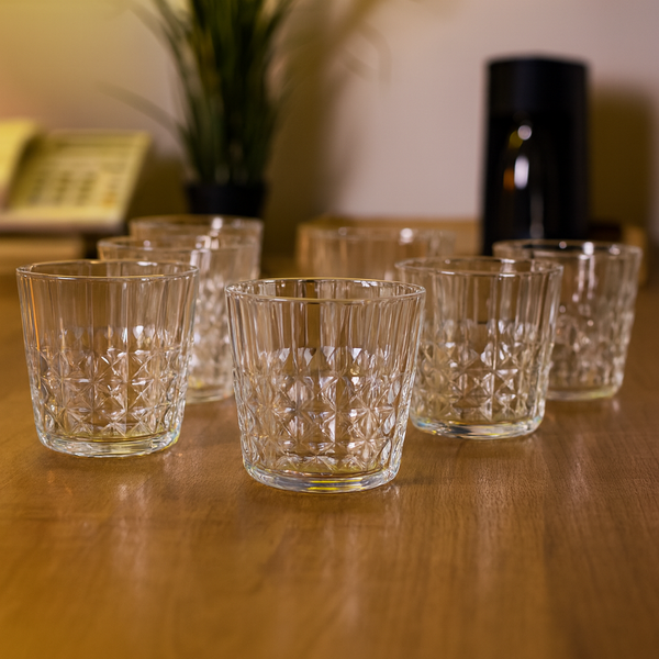 Diamond-Textured Tumbler Glass Set 340 ml – Premium Clear Heavy Drinkware (6 Pcs)