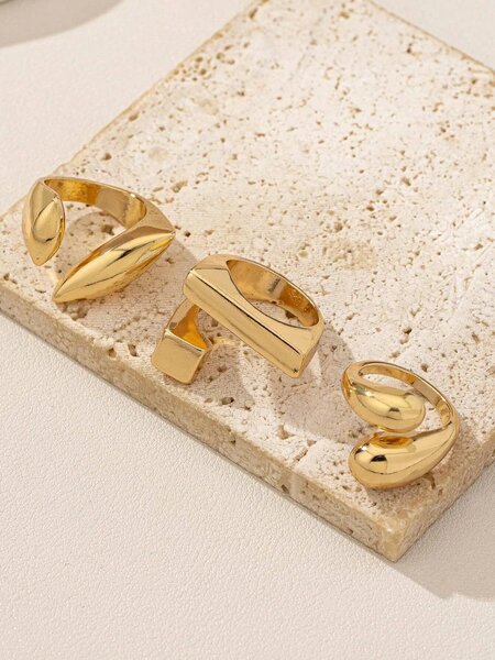 Shein - 3pcs Geometric Hollow-Out Gold Color Rings Set