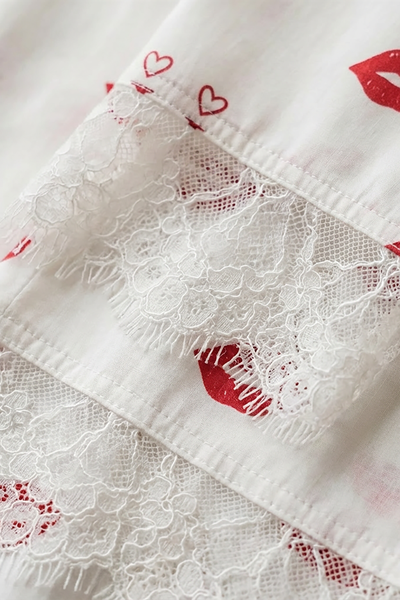 BLS - Short sleeves with long pants Pajama Set With Lace - White