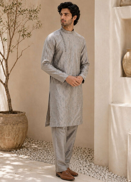 TGM Mens RTW Chikankari Chikankari Kurta Pajama Suit Eminence Grey Festive Collection