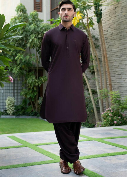 Stylish Garments Mens RTW Solids Wash N Wear Kurta Shalwar Suit Mehroon Plain Casual Collection