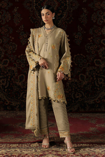 3 Piece Embroidered Crepe Dobby Suit